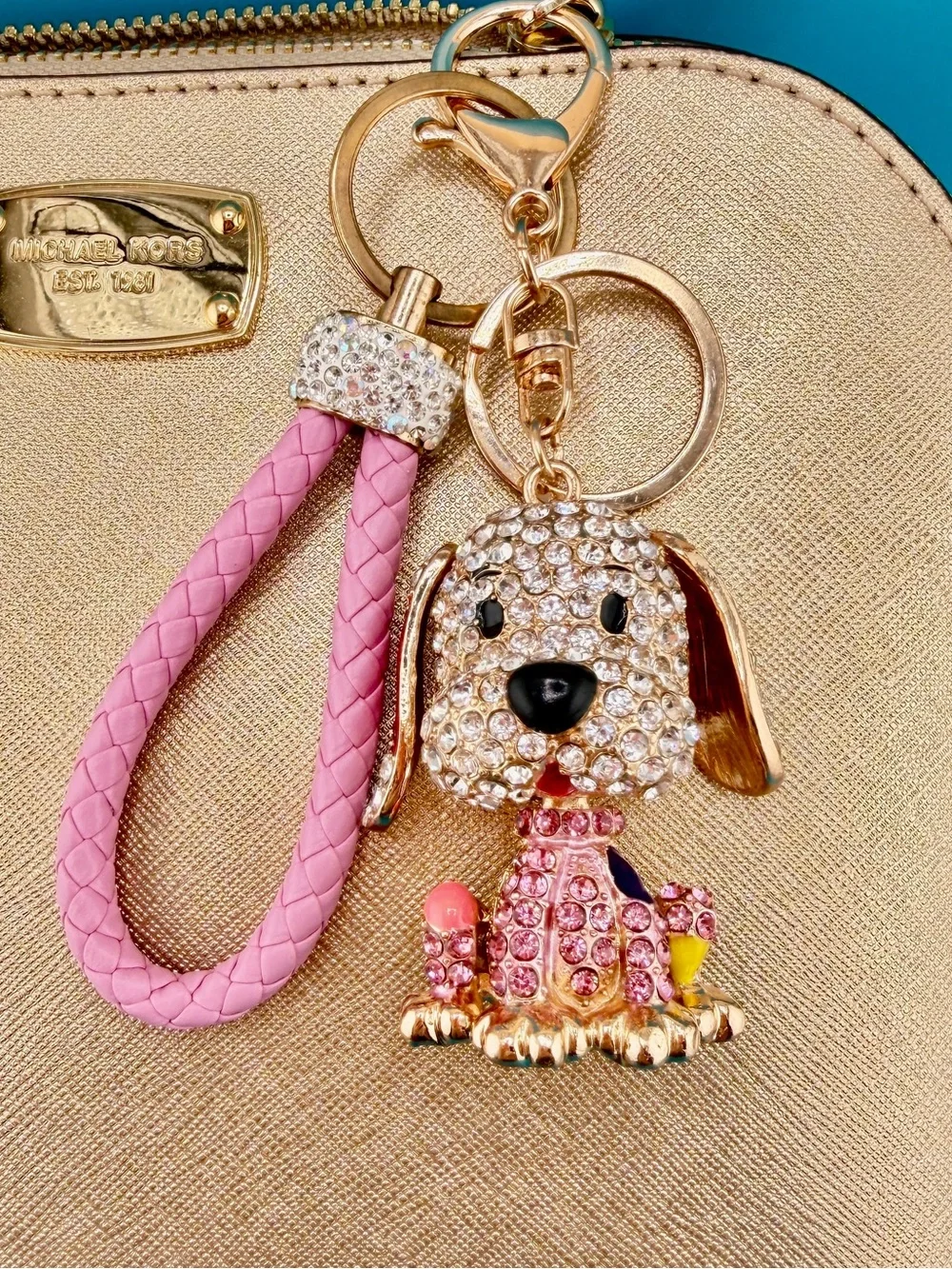 🐶 White & Gold CORGI PUPPY DOG Crystal Rhinestone Bag Charm /Keychain + Key Ring